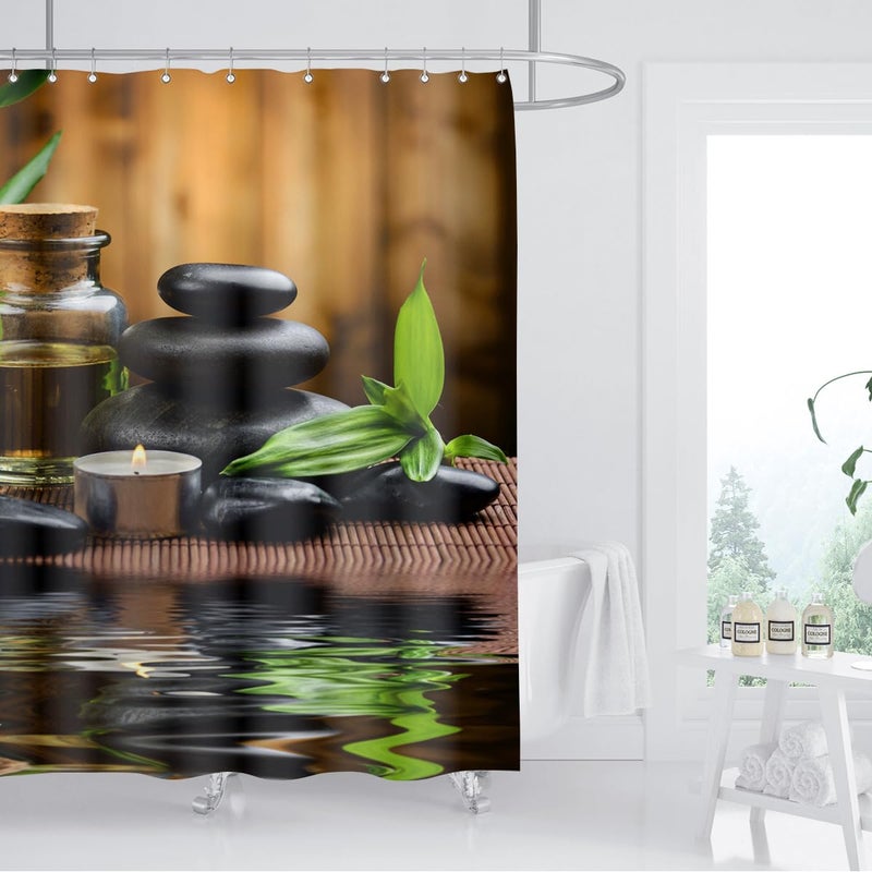 ZXMBF Zen Spa Shower Curtain Basalt Stones Herbal Oil Scent Candles Bamboo and Water Reflection Relaxing Meditation Home DÃ©cor Waterproof Fabric 72x72 Inch Plastic Hooks 12PCS - Image 2